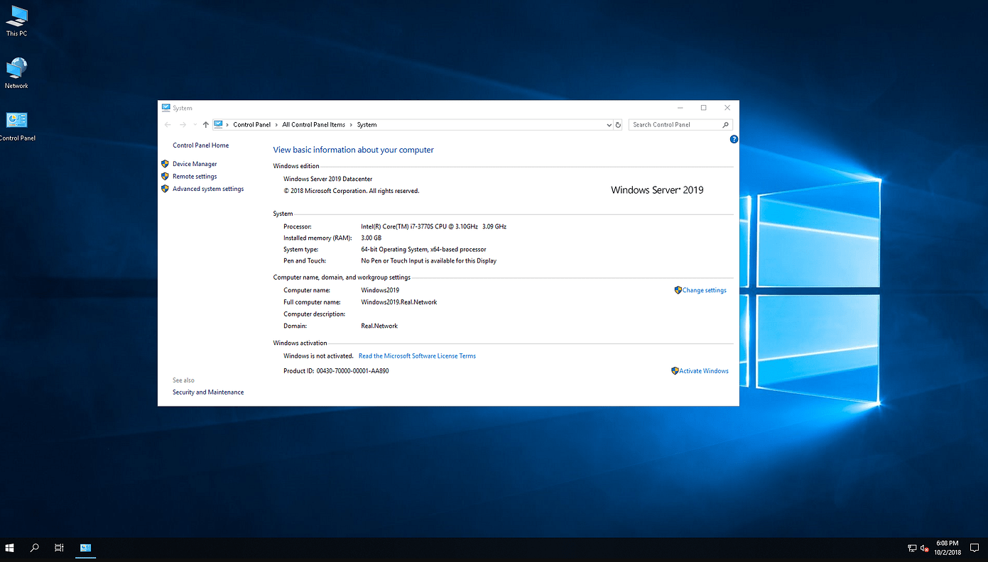 Windows Server 2019 Datacenter Interface Example