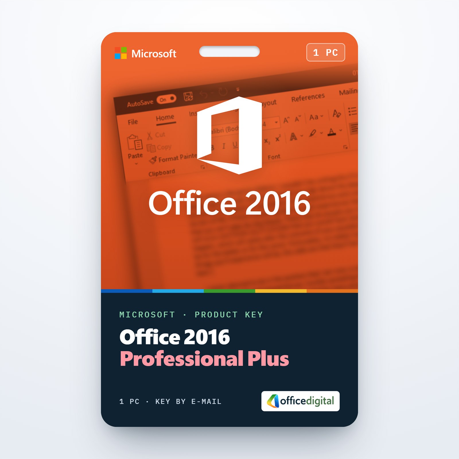 Office 2016 Professional Plus product key card for 1 PC with the Office logo