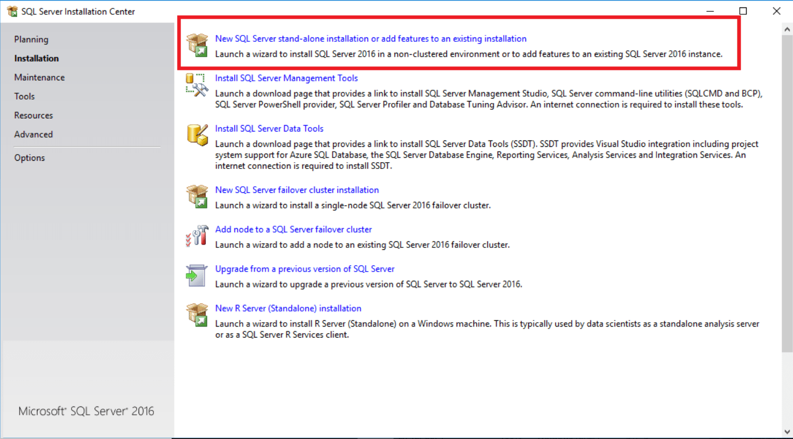 SQL Server 2016 Standard Installation Center