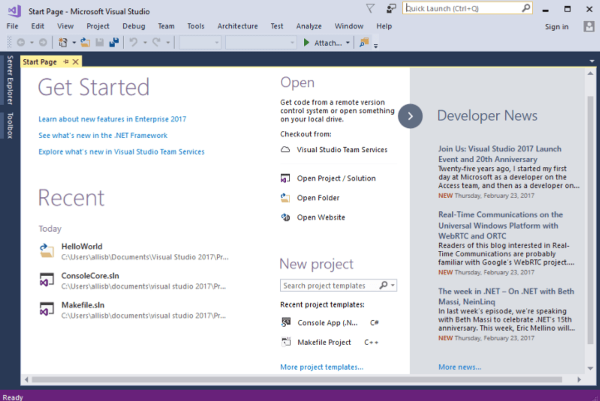 Visual Studio 2017 Professional - Start Page