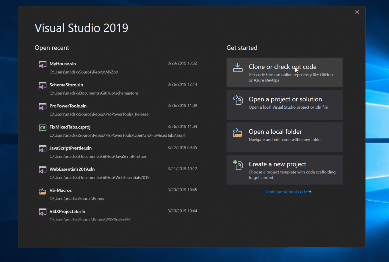 Visual Studio Professional 2019 - Start Page