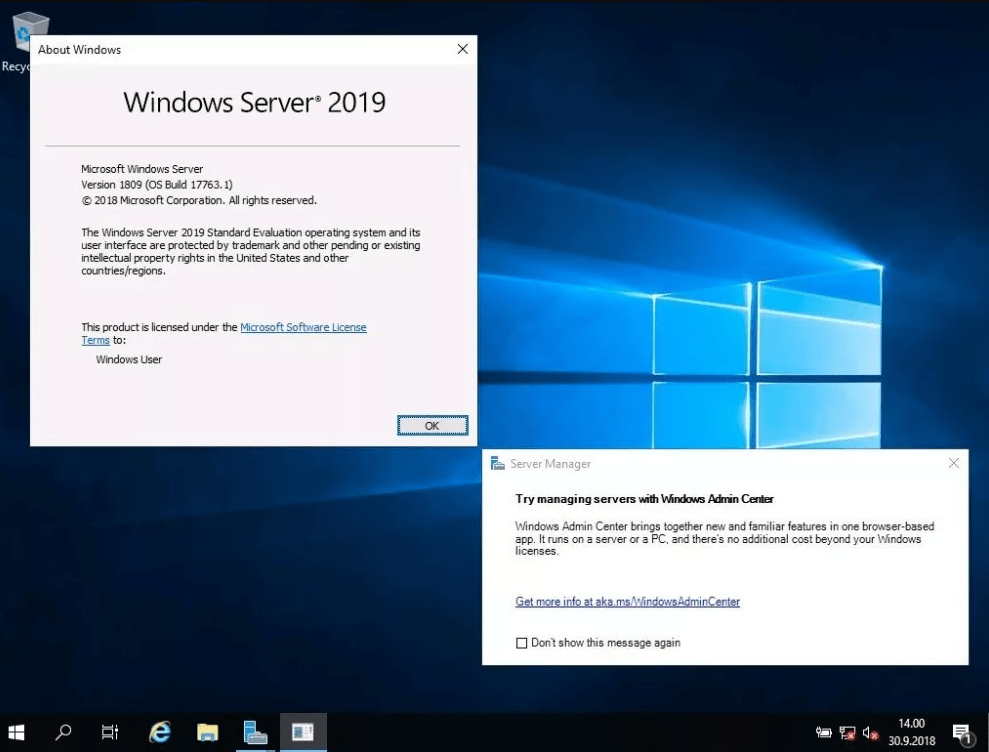 Windows Server 2019 Standard About Interface