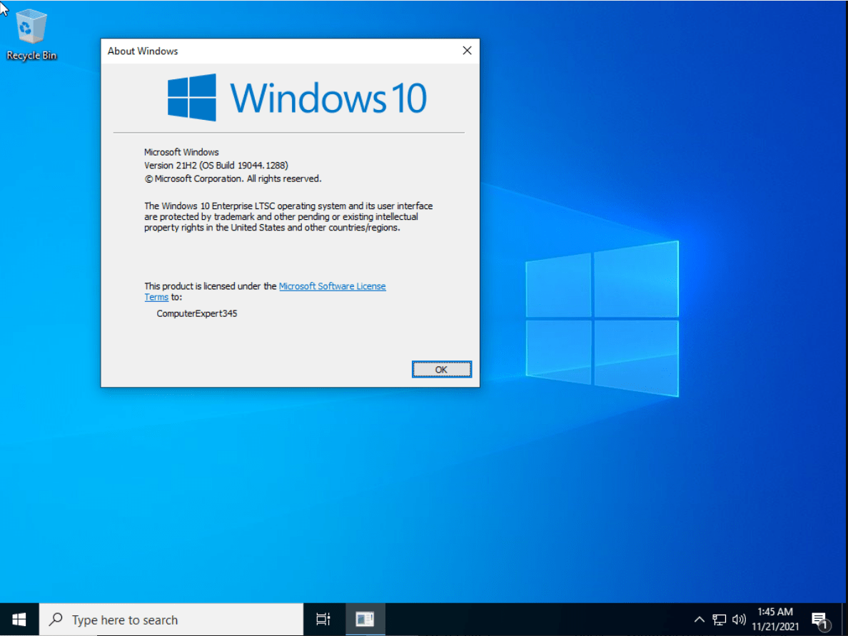 Windows 10 Enterprise About Info and Interface