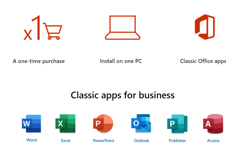 Office 2021 graphic: a one-time purchase, installed on one PC, with the Word, Excel, PowerPoint, Outlook, Publisher and Access icons