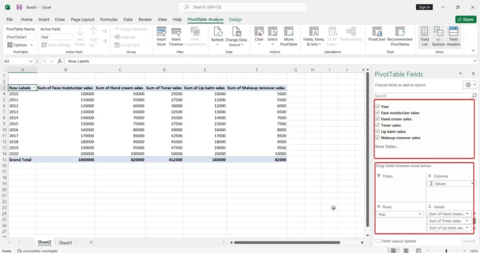 Excel 2021 PivotTable Analyze