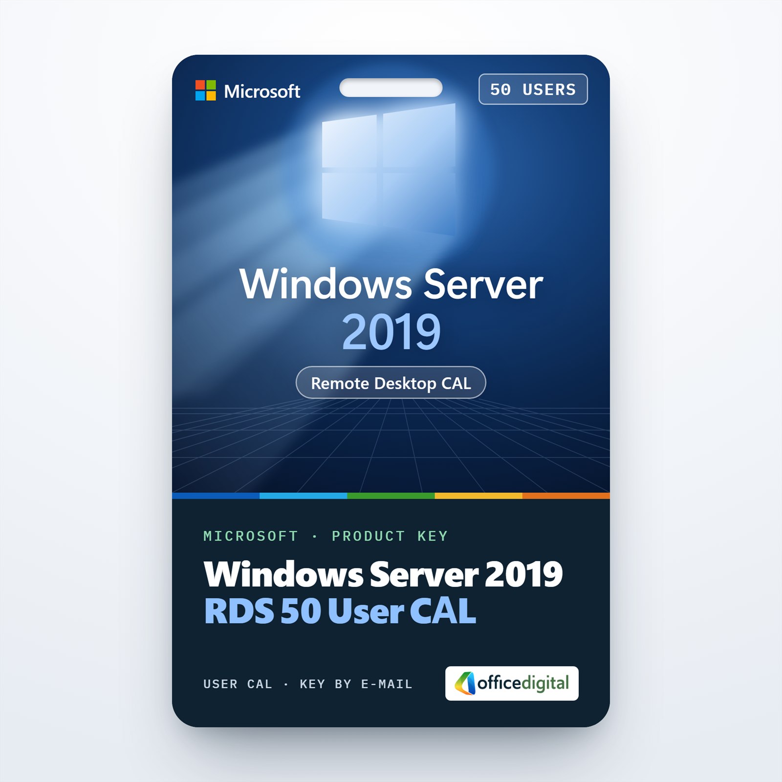 Windows Server 2019 RDS 50 User CAL product key card with the Windows logo