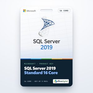 SQL Server 2019 Standard 16 Core product key card with the SQL Server logo