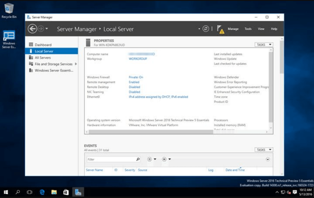 Server Manager in Windows Server 2016 Essentials