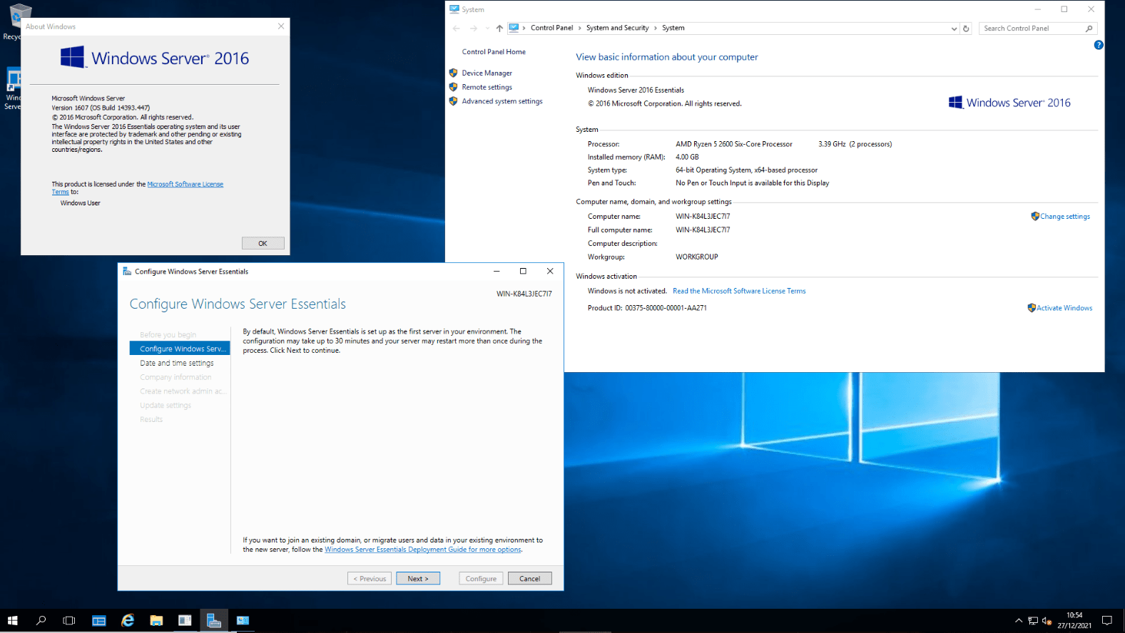 Windows Server 2016 Essentials Interface