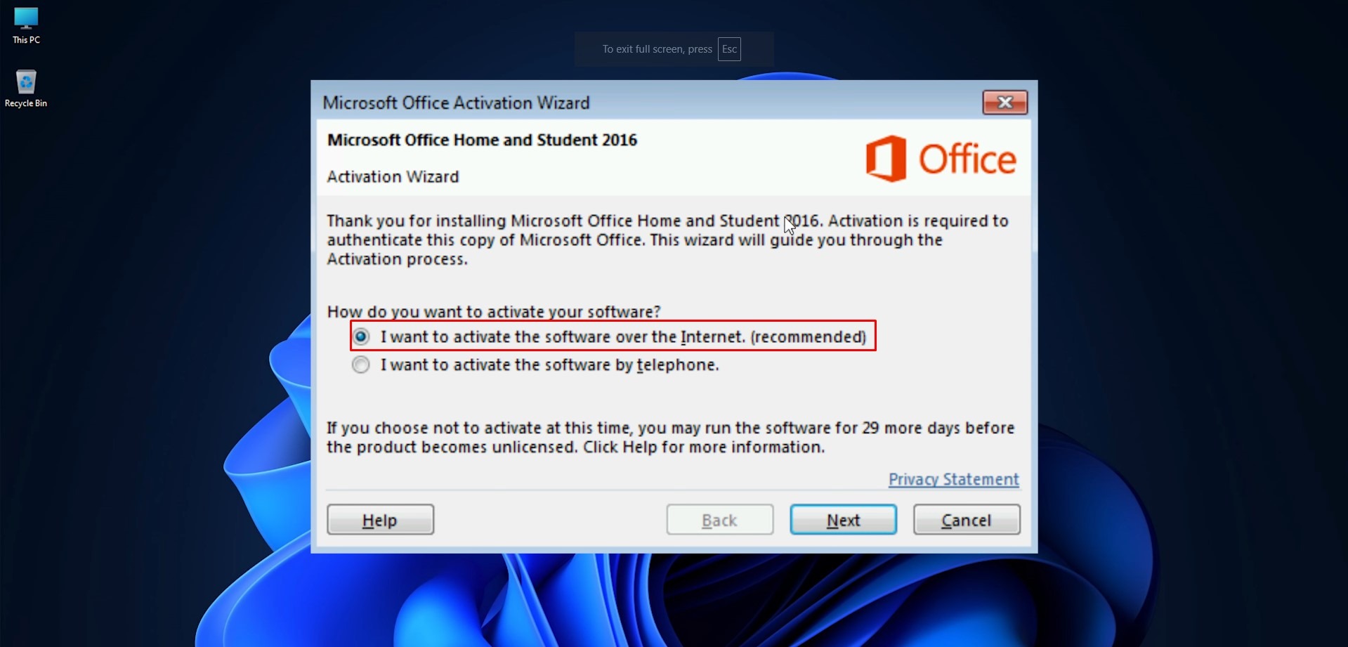 ACTIVATE OFFICE 2016 OVER THE INTERNET