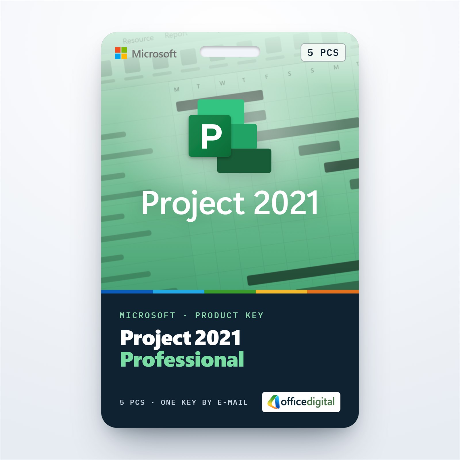 Project 2021 Professional product key card for 5 PCs with the Project icon