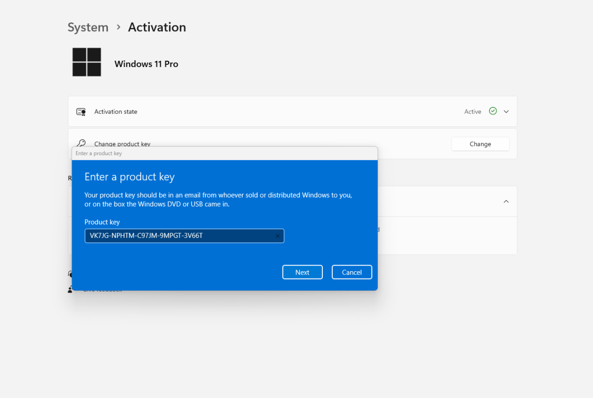 Enter Windows 11 product key in activation settings