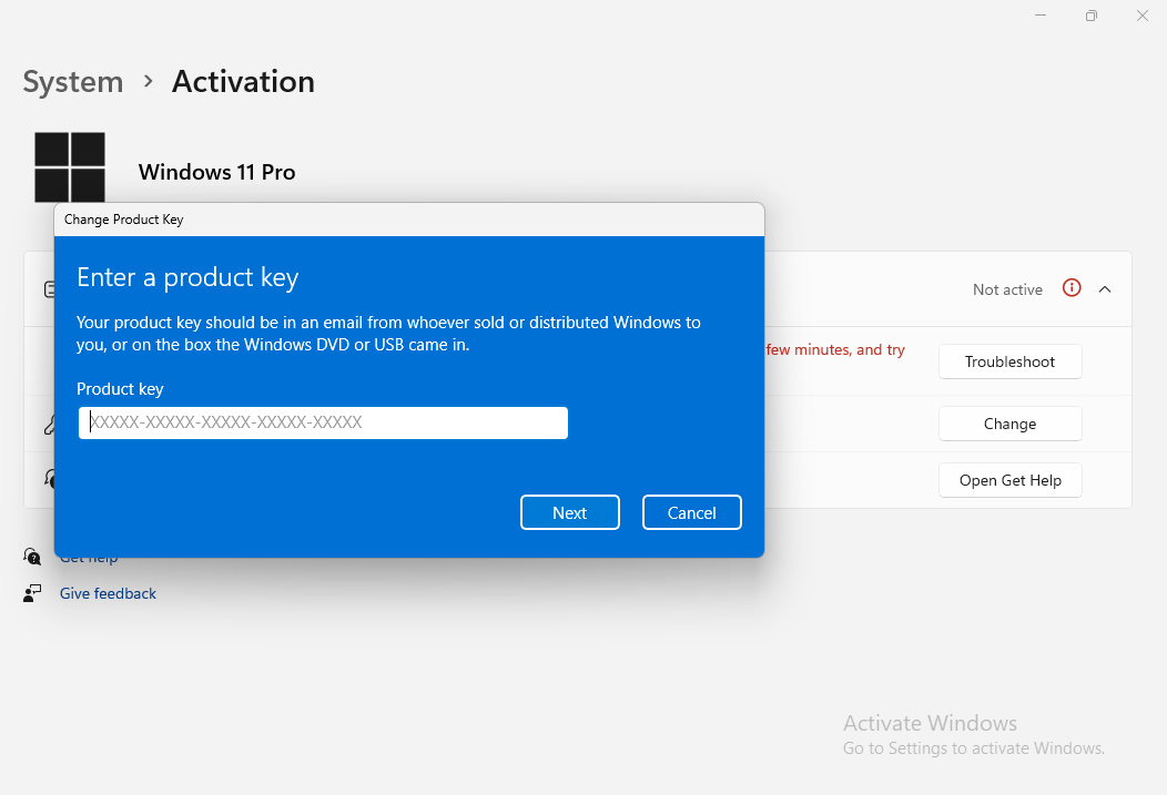 Entering Windows 11 product key during activation