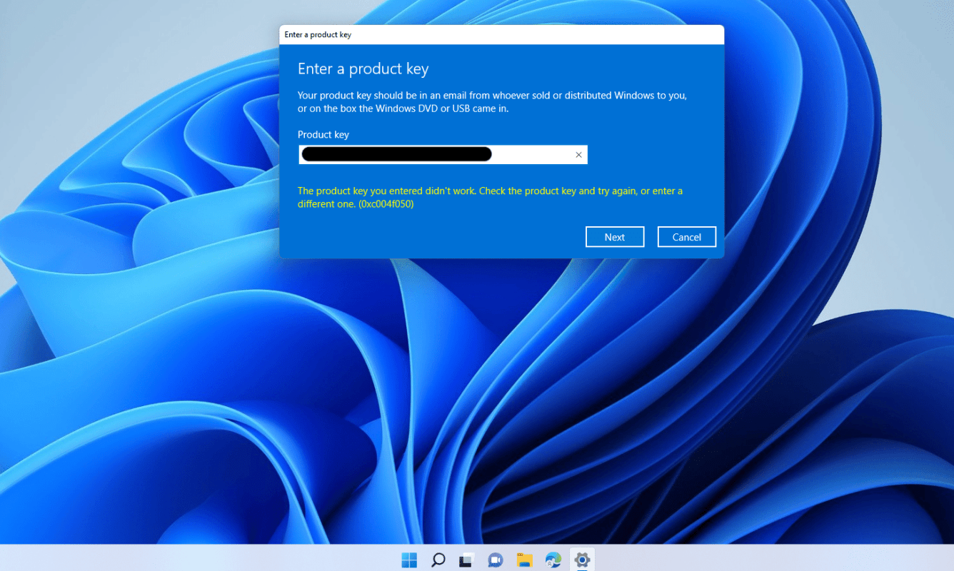 Windows 11 activation error message screen