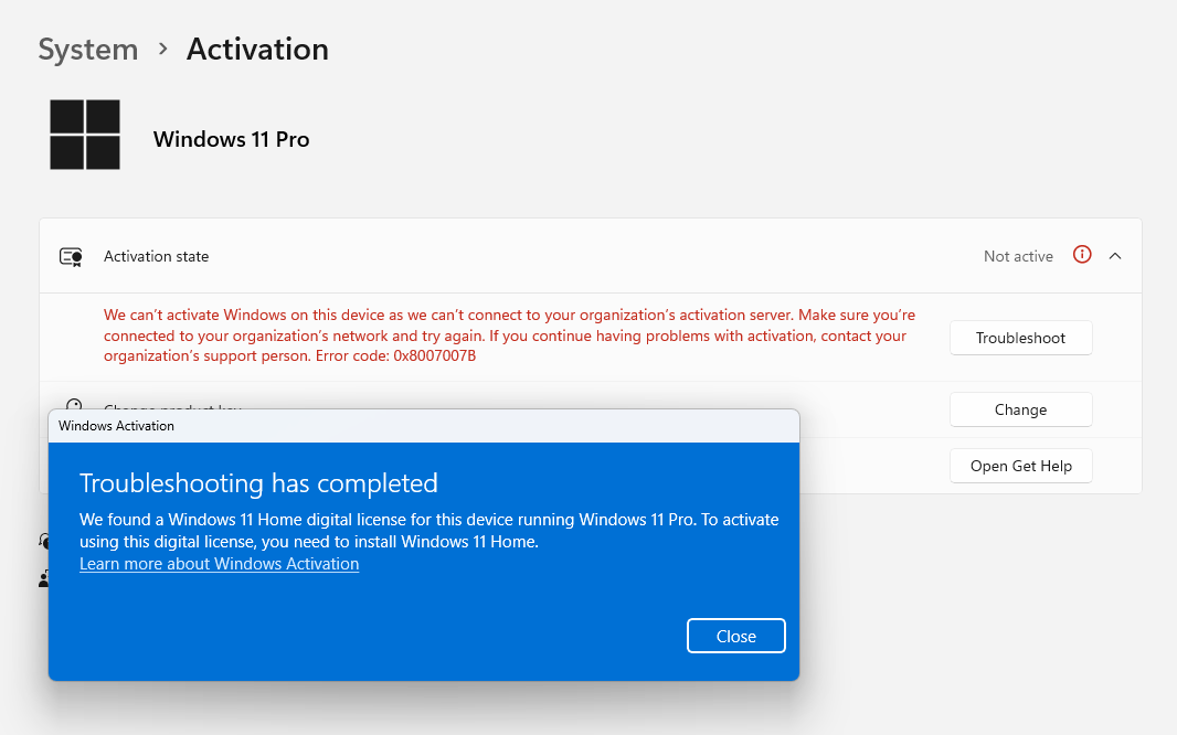 Activation error watermark
