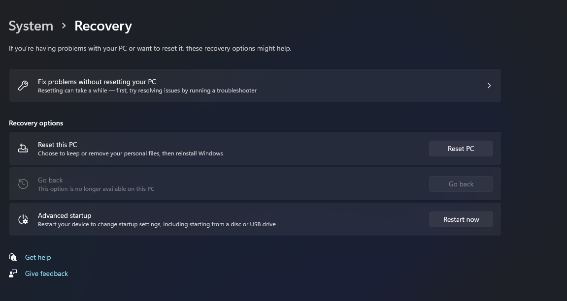 Windows 11 recovery settings go back option