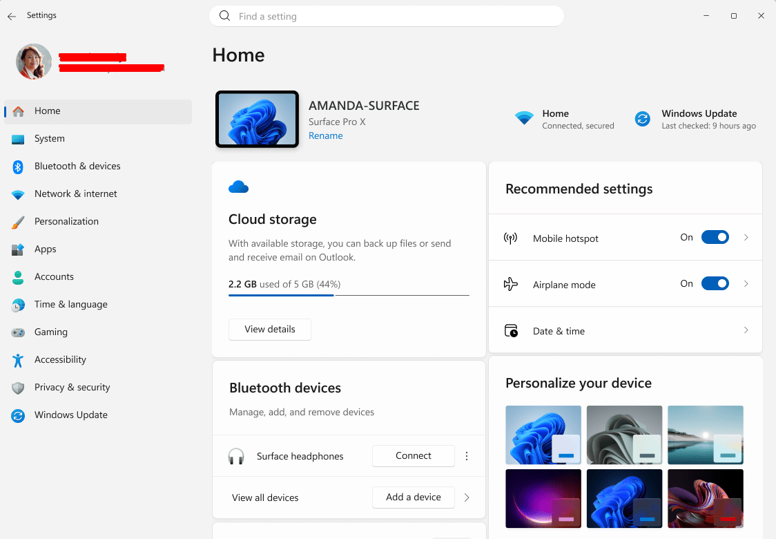 Windows 11 settings panel after installation