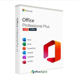 Office 2024 Professional Plus for 5 PCs box with Word, Excel, PowerPoint, Outlook, OneNote and Access