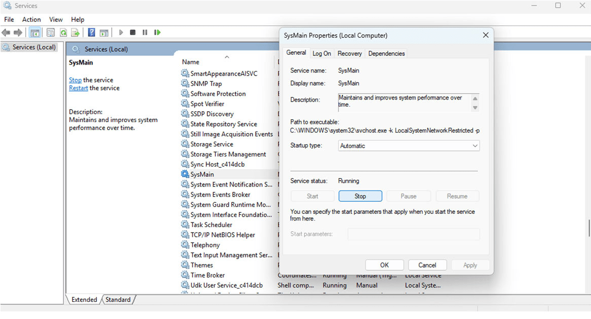 Disable SysMain