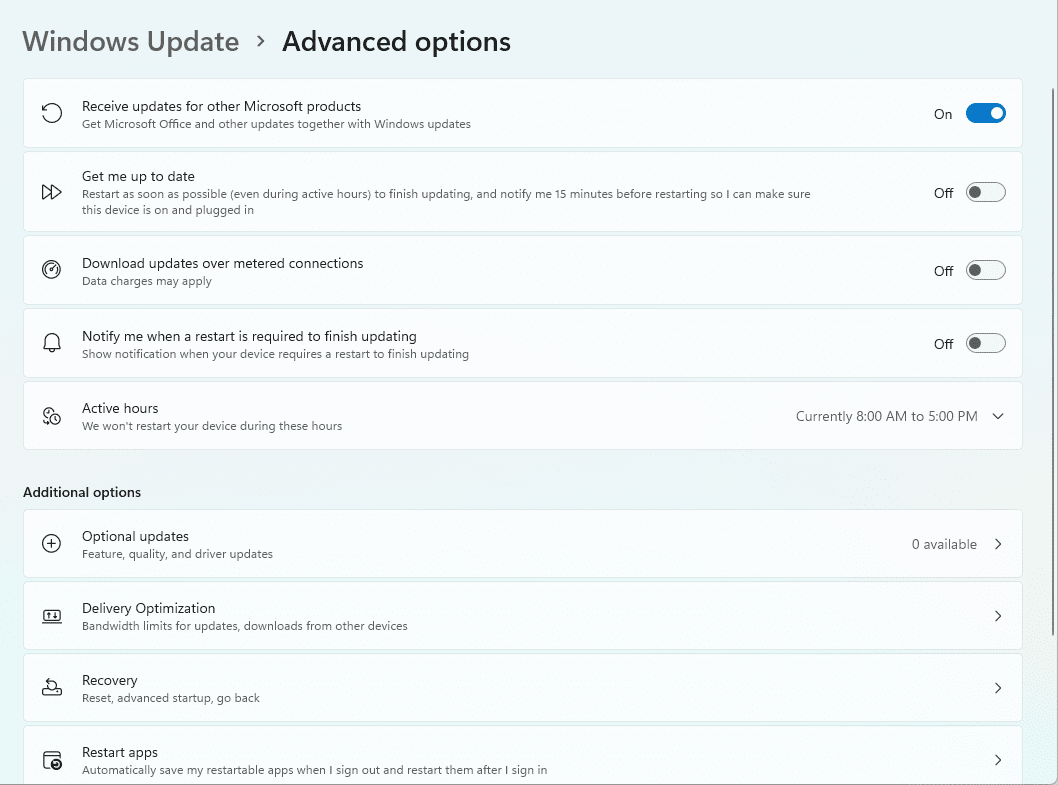 Windows 11 advanced update settings