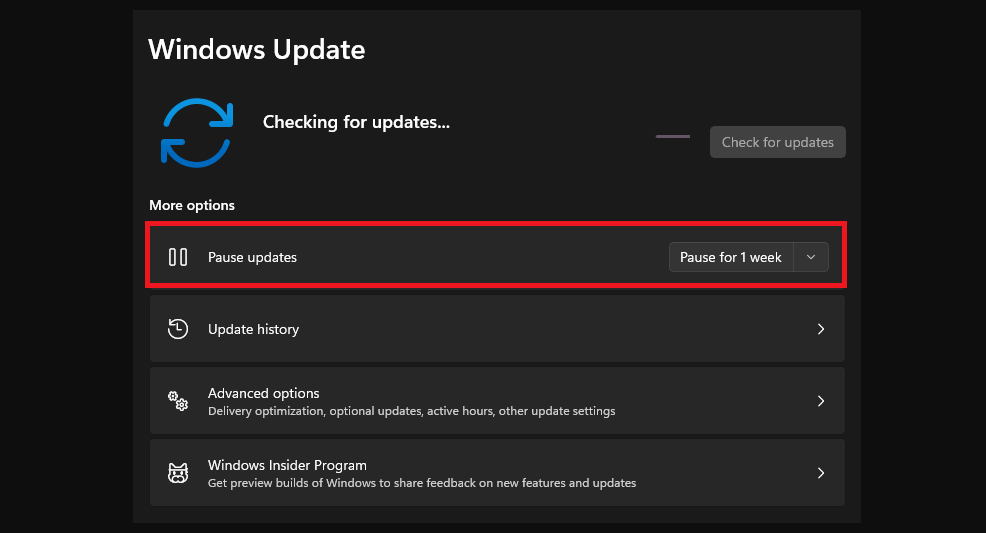 Windows 11 pause updates option