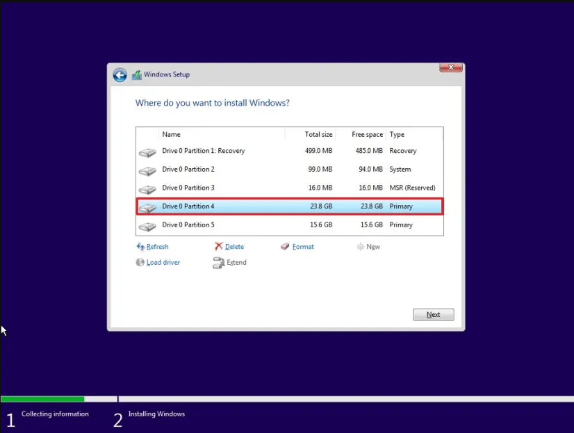 windows 11 partition selection