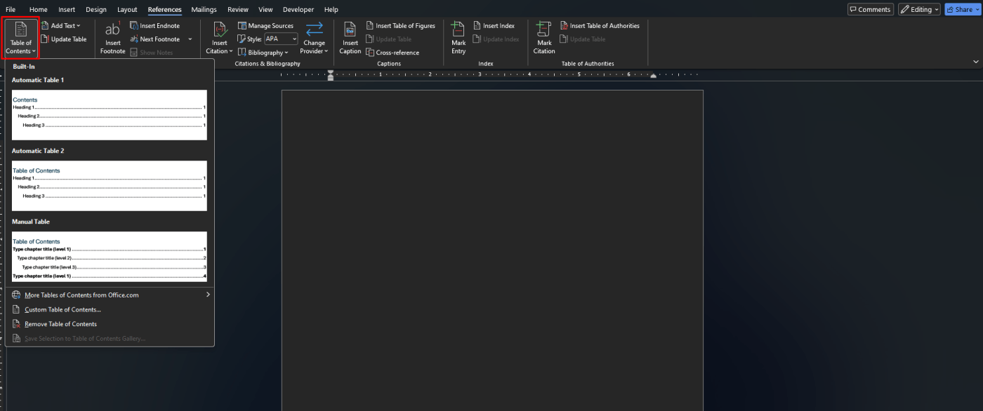 Insert a table of contents in Word