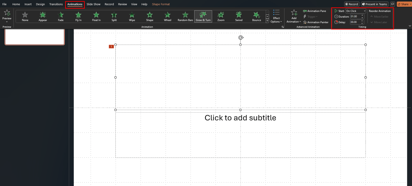 Animation timing options in PowerPoint