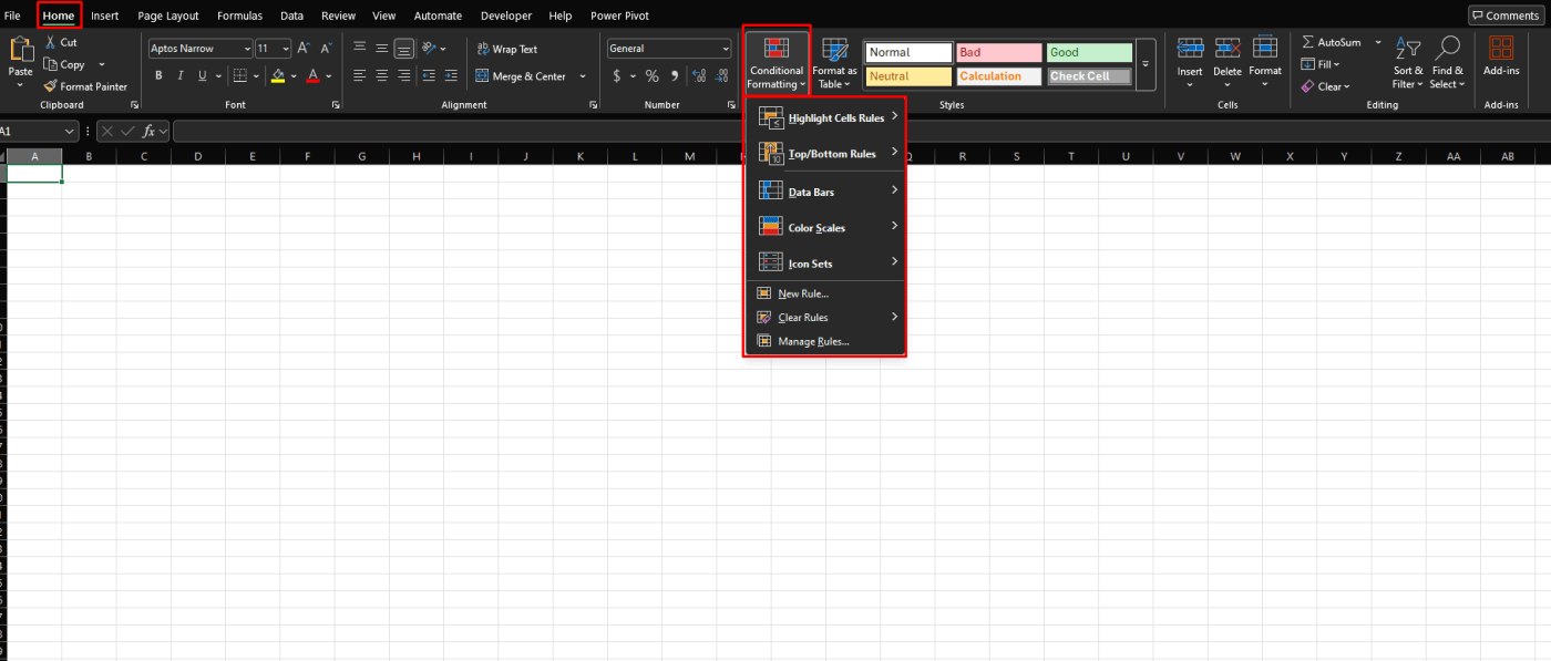 Conditional formatting menu in Excel