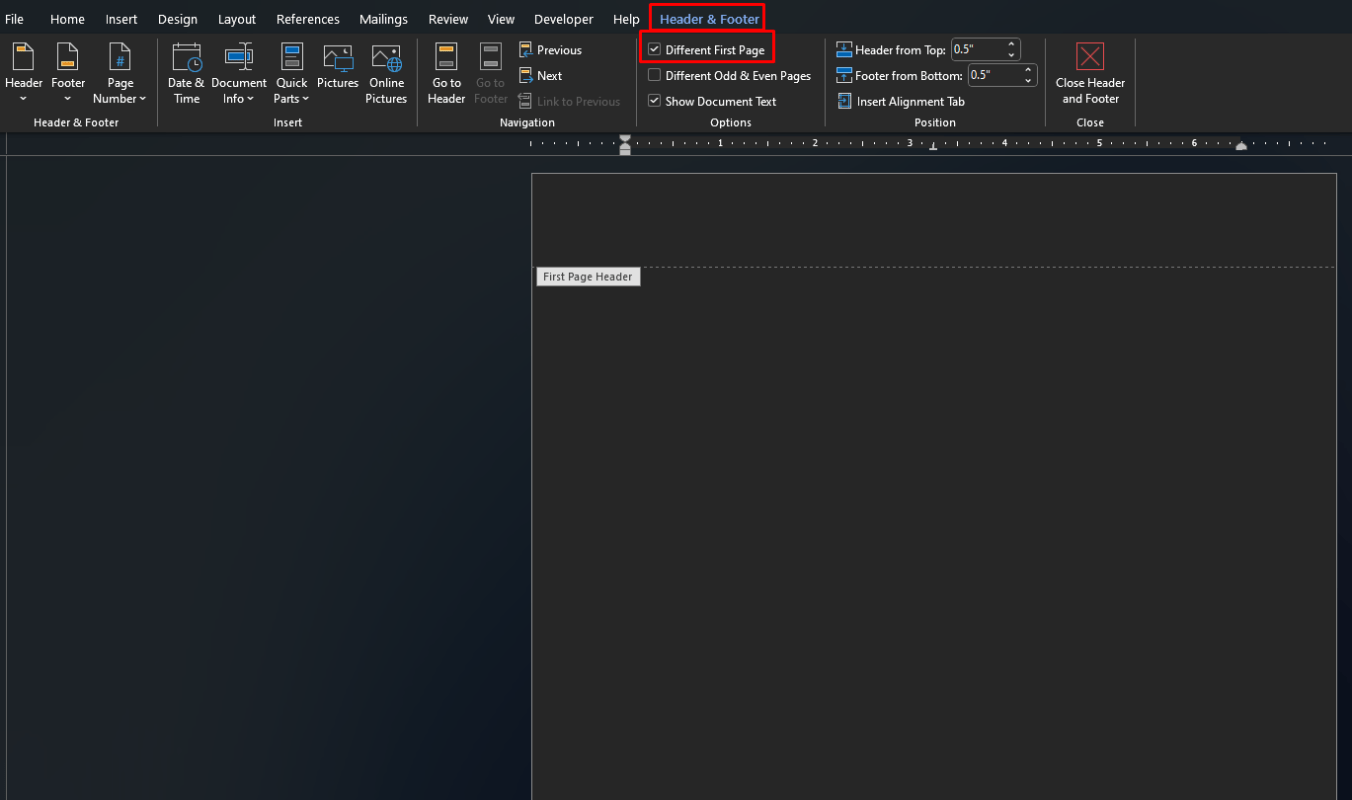 Different first page header and footer in Word