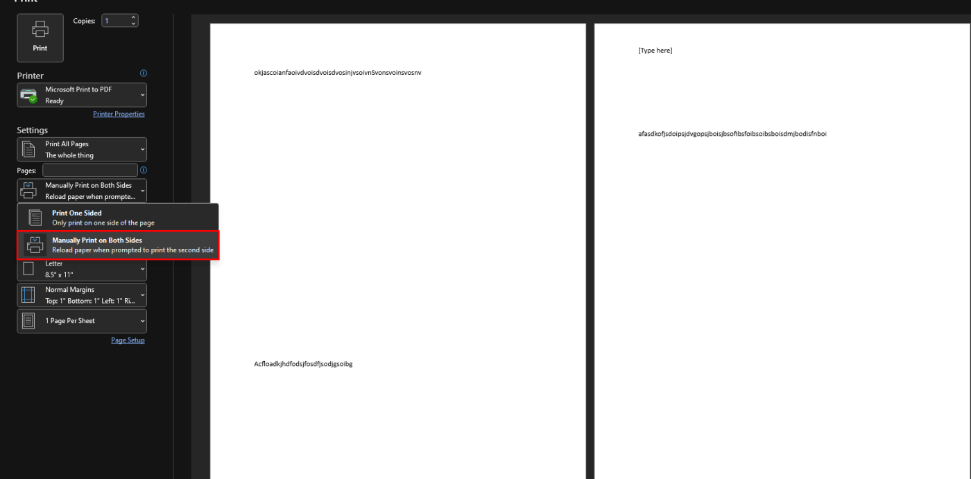 Double-sided printing settings in Word