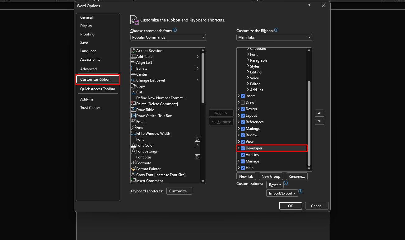 Enable Developer tab in Microsoft Word