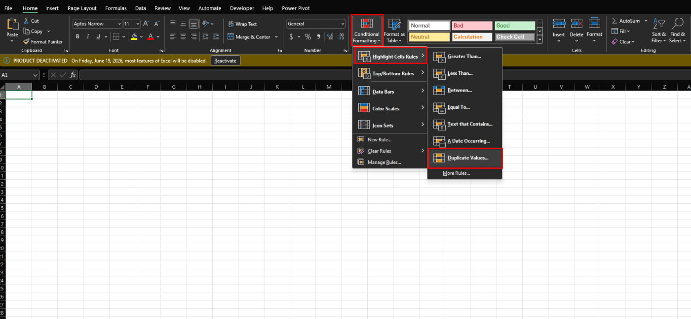 Highlight duplicate values in Excel