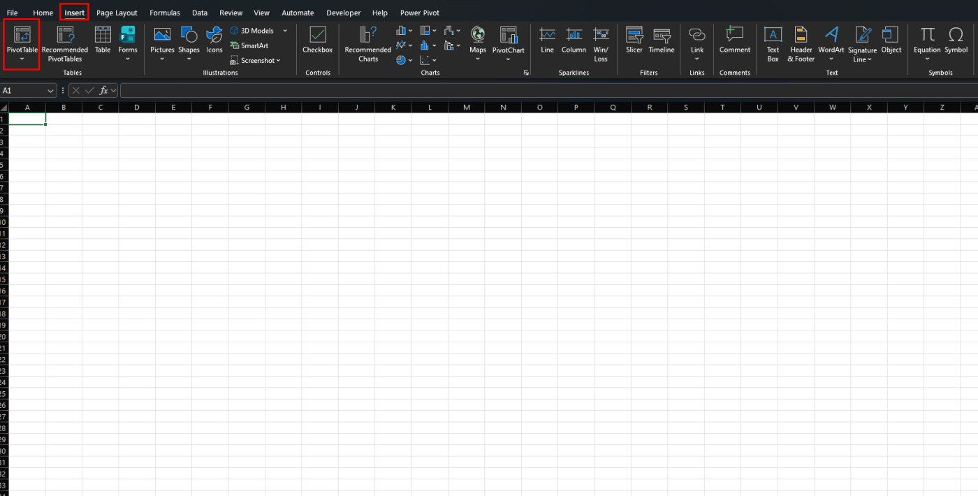 Insert PivotTable in Microsoft Excel