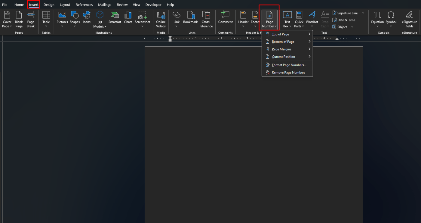 Insert page numbers in Microsoft Word