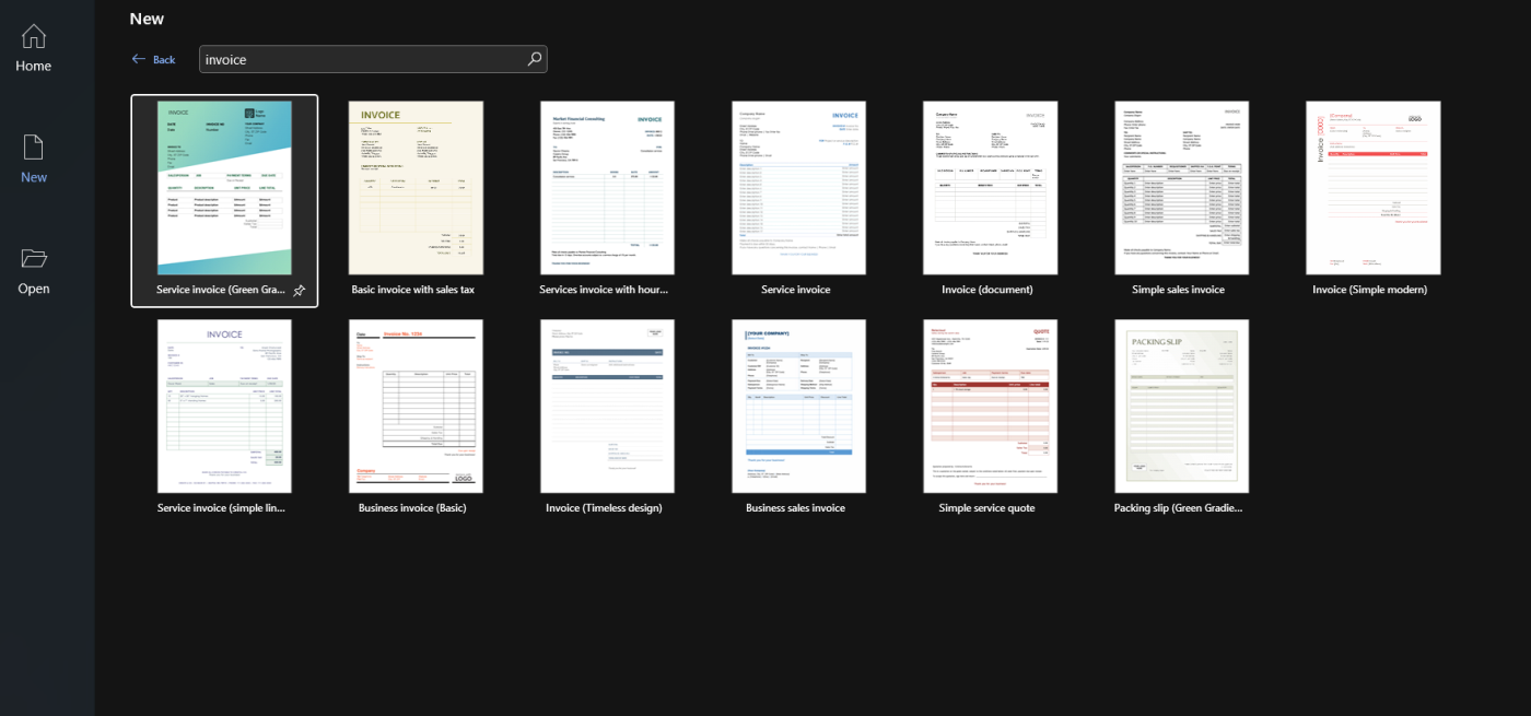 Invoice template in Microsoft Word