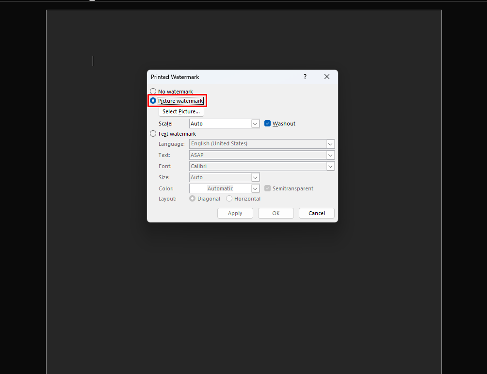 Picture watermark settings in Word
