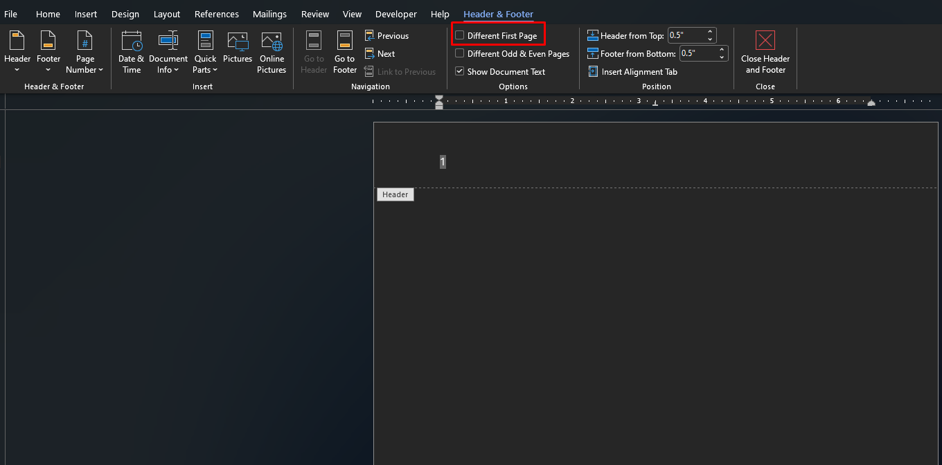 Remove page number from first page in Word