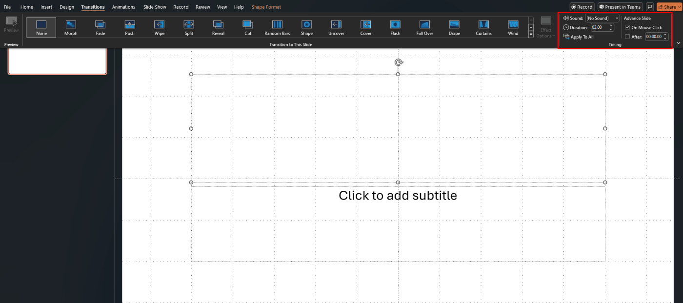 Transition timing options in PowerPoint