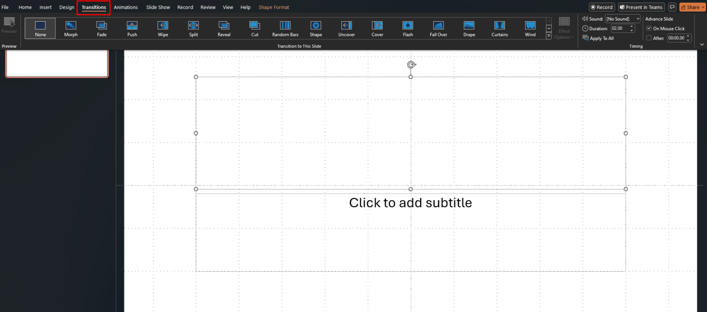 Transitions tab in PowerPoint