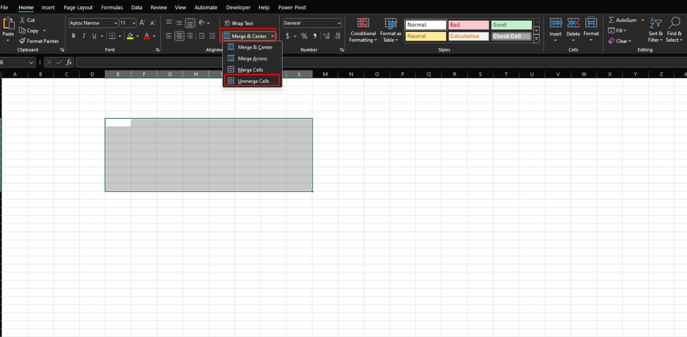 Unmerge cells in Excel