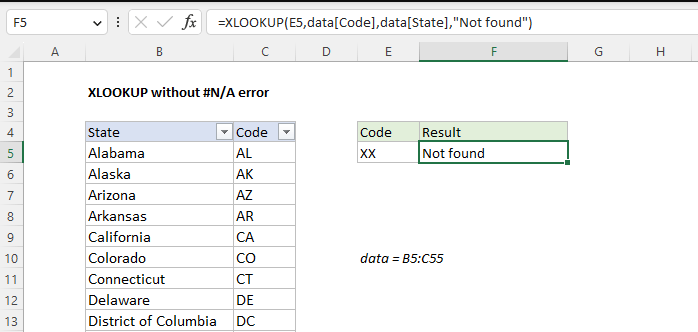 XLOOKUP if not found example in Excel