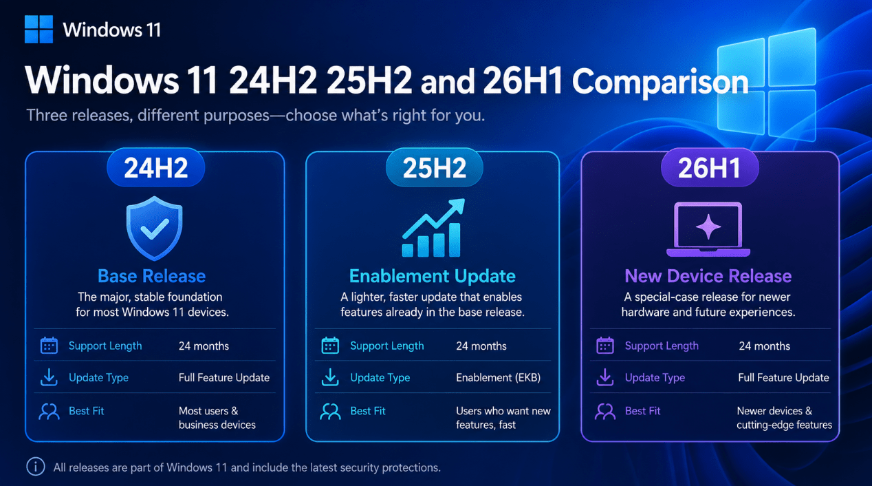 Windows 11 24H2 25H2 and 26H1 comparison