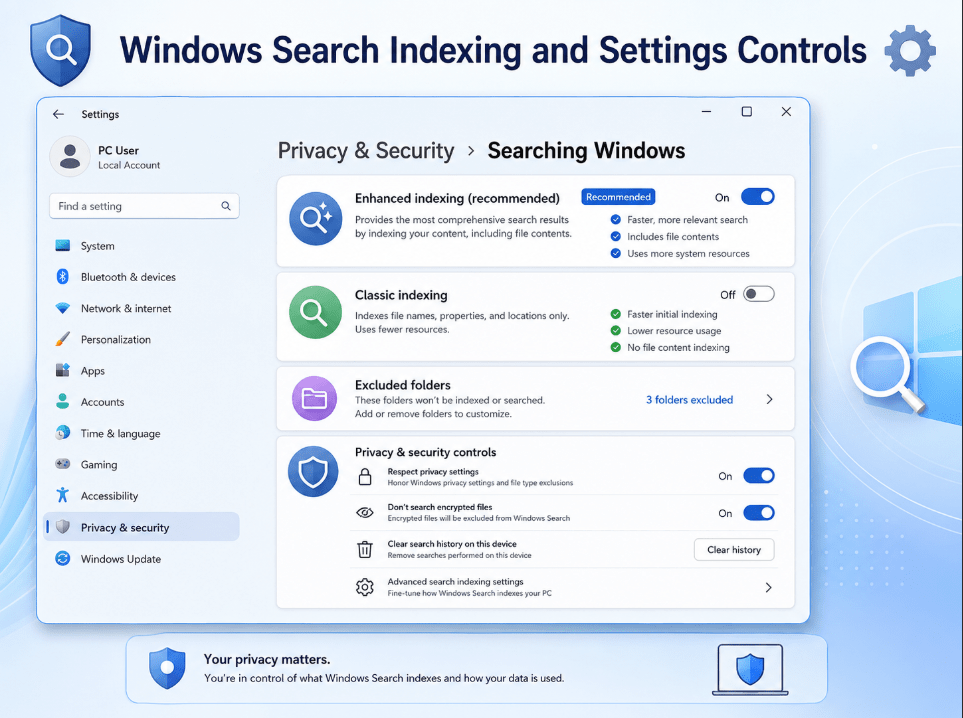 Windows Search indexing and settings controls