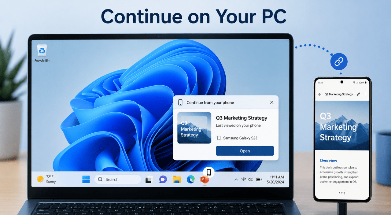 Windows 11 taskbar alert for continuing a phone activity