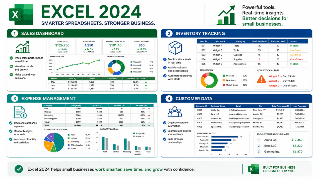 Excel 2024 small-business uses for sales inventory expenses and customers