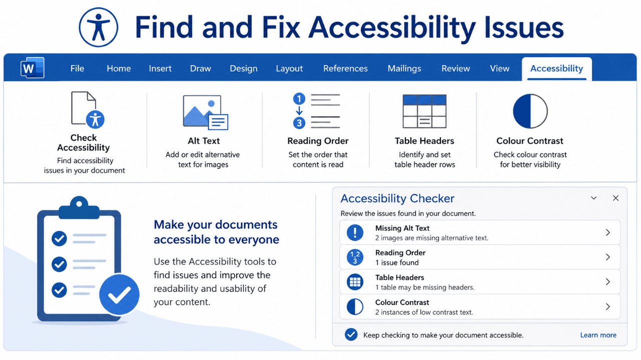 Office 2024 Accessibility Ribbon and Accessibility Checker tools