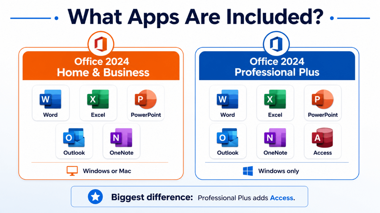 Office Home and Business 2024 and Professional Plus apps compared