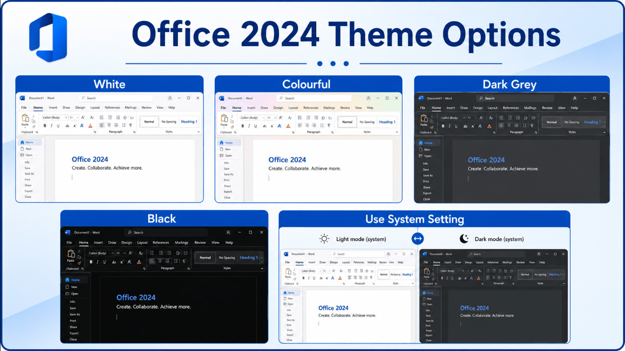 Office 2024 light dark colourful and system themes