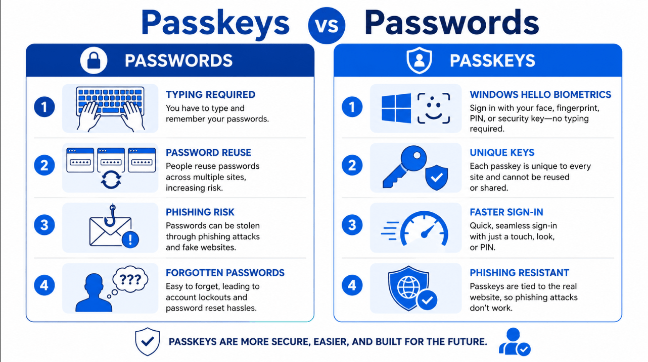 Windows passkeys versus passwords security comparison